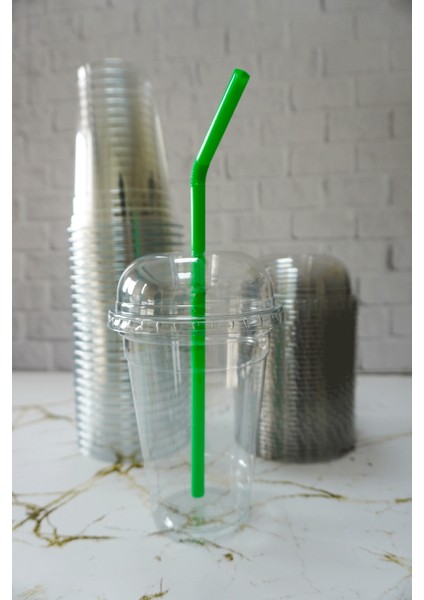 Plastik Milkshake Bardağı + Kapak + Pipet 14 Oz (400 Cc) - 5 Adet