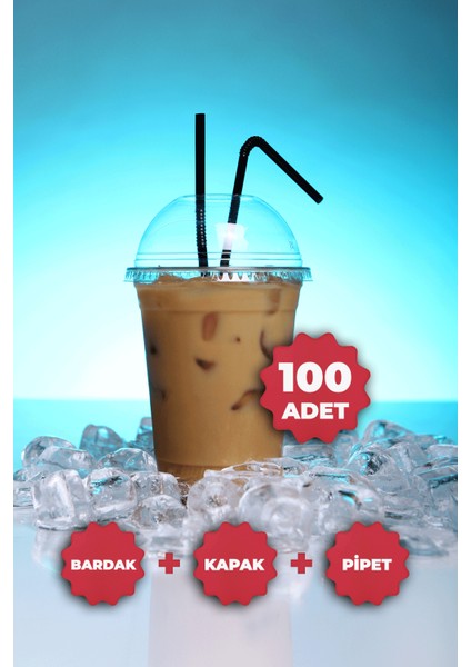 Plastik Milkshake Bardağı + Kapak + Pipet 16 Oz (470 Cc) - 100 Adet