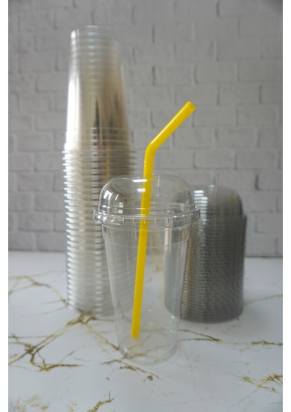 Plastik Milkshake Bardağı + Kapak + Pipet 16 Oz (470 Cc) - 100 Adet