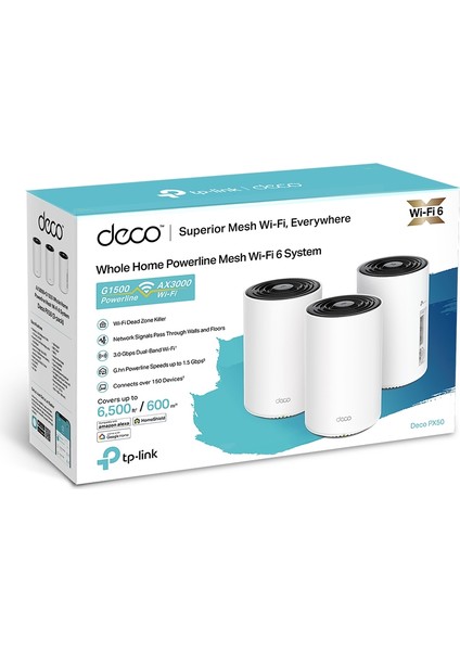 TP-Link Deco PX50(3-Pack), AX3000 + G1500, 1 GHz CPU, Powerline/Mesh, Yapay Zeka Desteği, Gigabit Portları, 150 Cihaza Kadar Bağlantı, 600 m² 'ye Kadar Kapsama, Powerline Mesh WiFi 6 Sistemi