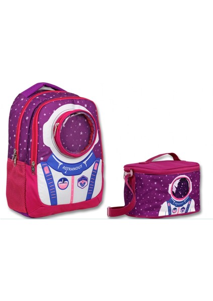 Cennec Bordo Mavi Astronot Ilkokul Sırt Çantası ve Beslenme Seti - Erkek Çocuk