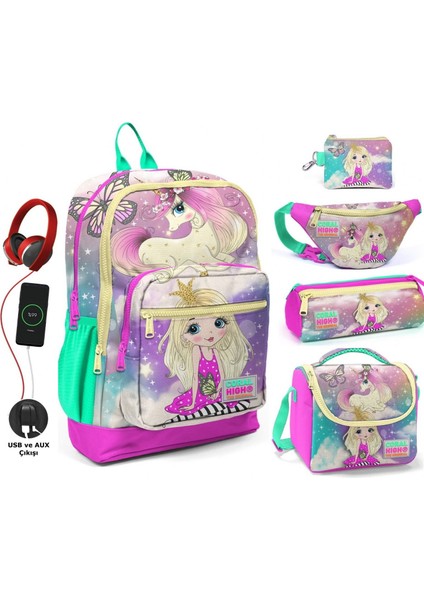 Su Yeşili Unicorn USB Soketli Beşli Okul Çantası Seti - Kız Çocuk