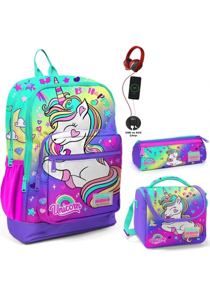 Su Yeşili Lavanta Unicorn USB Soketli Üçlü Ilkokul Çanta Seti - Kız Çocuk
