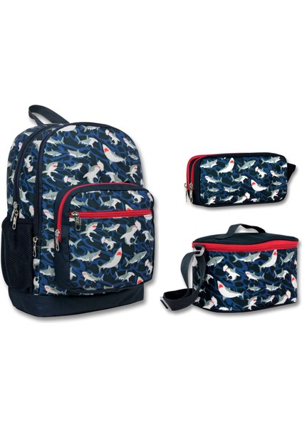 Cennec Dört Bölmeli Lacivert Kırmızı Köpekbalığı Ilkokul Sırt Çantası Seti - Erkek Çocuk