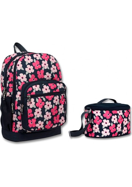 Cennec Dört Bölmeli Siyah Kırmızı Çiçekler Ilkokul Sırt Çantası ve Beslenme Seti - Kız Çocuk