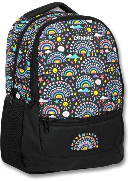 Cennec Siyah Smile Kız ve Erkek Ilkokul Okul Çantası - Üç Bölmeli Sırt Çantası