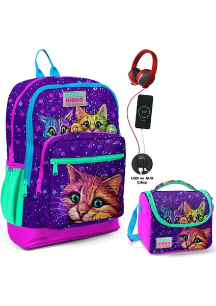 Mor Kedi Okul ve Beslenme Çantası Seti - USB Soketli - Kız Çocuk