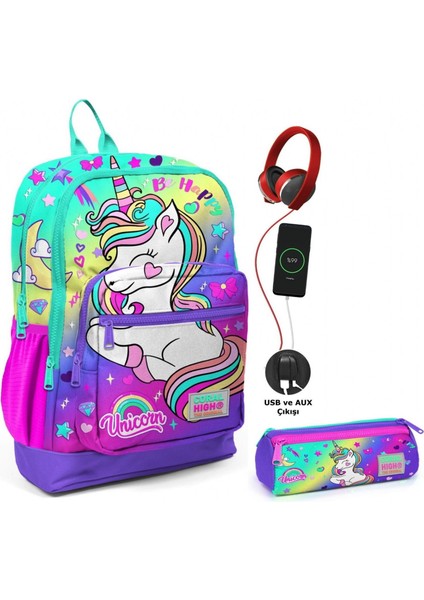 Su Yeşili Lavanta Unicorn USB Soketli Okul Çantası ve Kalemlik Seti - Kız Çocuk