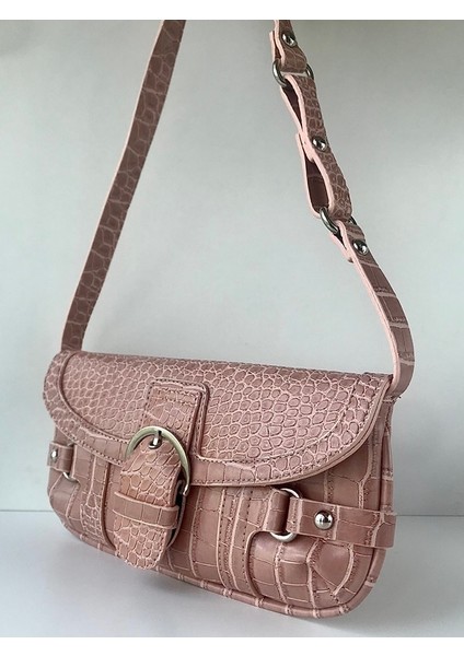 Kadın Tokalı Kroko Baget Omuz Askılı Pembe El Kol Omuz Çantası