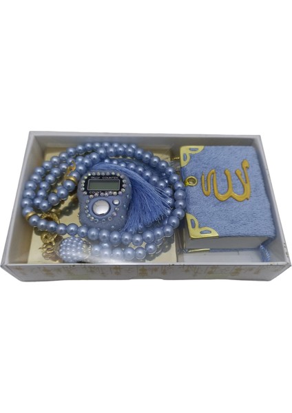 Hediyelik Kutulu Mevlit Hediye Seti Mavi (Mini Kuranı Kerim+İnci Tesbih 99+Taşlı Zikirmatik)