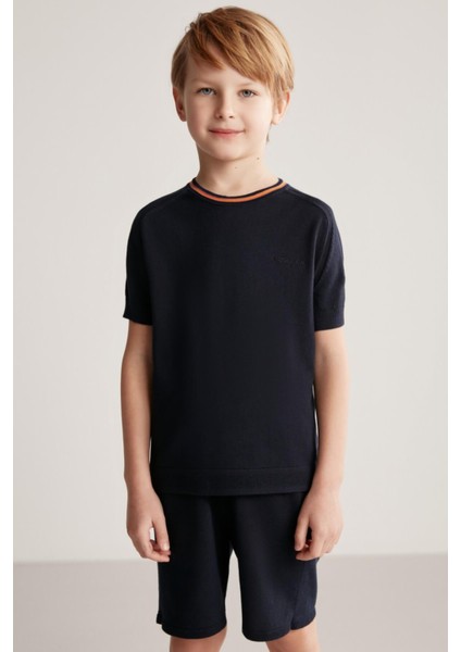 Nakış Logolu Yaka Detaylı Lacivert Triko Çocuk T-Shirt