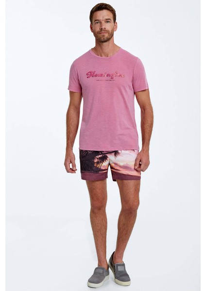 Nakış Logolu Bisiklet Yaka Pembe Pamuk T-Shirt