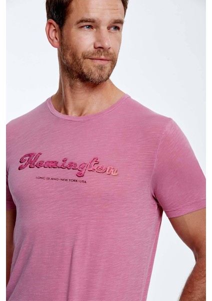 Nakış Logolu Bisiklet Yaka Pembe Pamuk T-Shirt