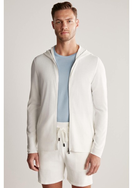 Slim Fit Beyaz Kapüşonlu Ince Hırka indirimleri