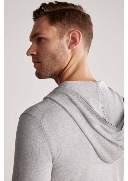Slim Fit Gri Kapüşonlu Ince Hırka modelleri