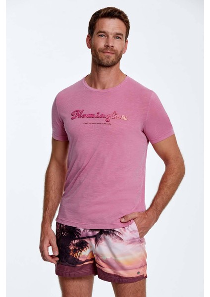 Nakış Logolu Bisiklet Yaka Pembe Pamuk T-Shirt