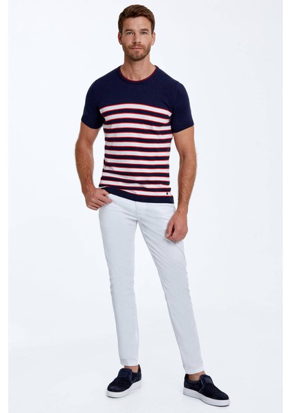 Beyaz Çizgi Desenli Bisiklet Yaka Lacivert Triko T-Shirt fiyatları