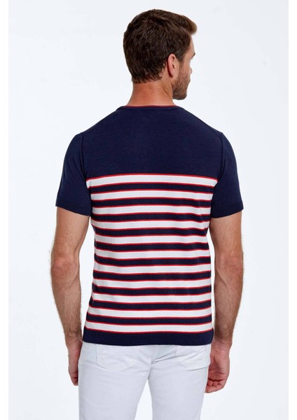 Beyaz Çizgi Desenli Bisiklet Yaka Lacivert Triko T-Shirt indirimleri