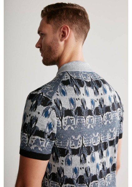 Çiçek Desenli Keten Pamuk Lacivert Triko Polo modelleri