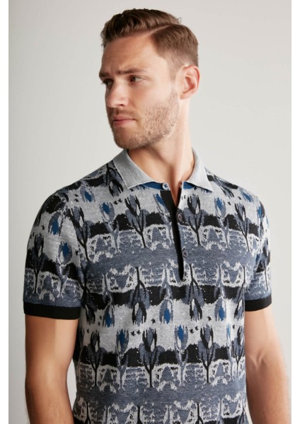 Çiçek Desenli Keten Pamuk Lacivert Triko Polo fırsatları