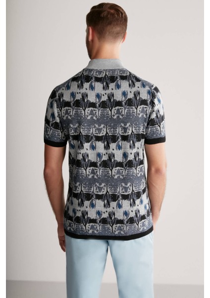 Çiçek Desenli Keten Pamuk Lacivert Triko Polo indirimleri