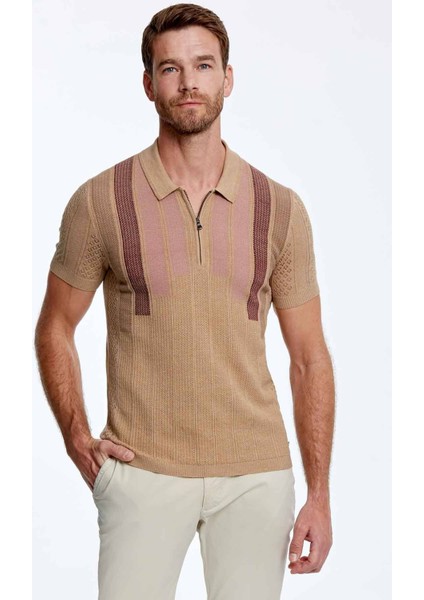 Mikro Desenli Saf Pamuk Kum Rengi Triko Polo