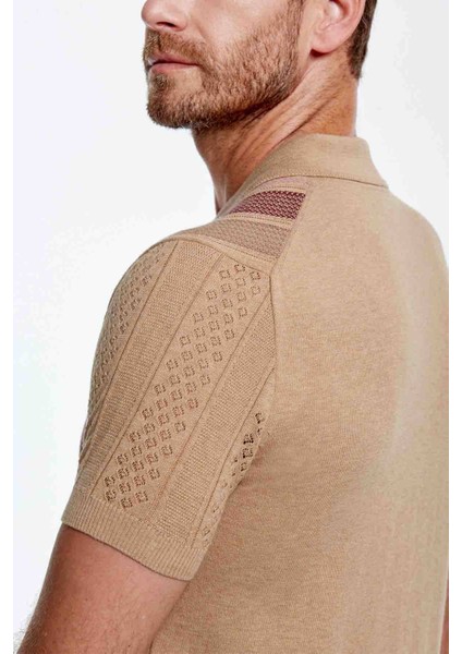 Mikro Desenli Saf Pamuk Kum Rengi Triko Polo modelleri