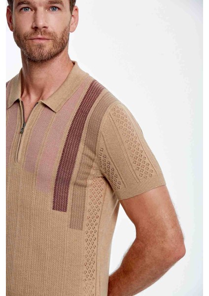 Mikro Desenli Saf Pamuk Kum Rengi Triko Polo indirimleri