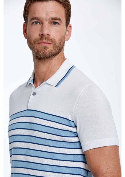 Mavi Çizgi Desenli Beyaz Triko Polo