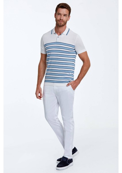 Mavi Çizgi Desenli Beyaz Triko Polo indirimleri