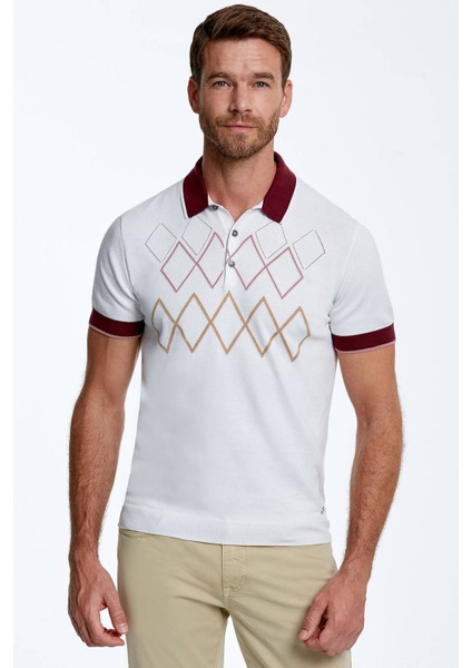 Baklava Desenli Saf Pamuk Kırık Beyaz Triko Polo