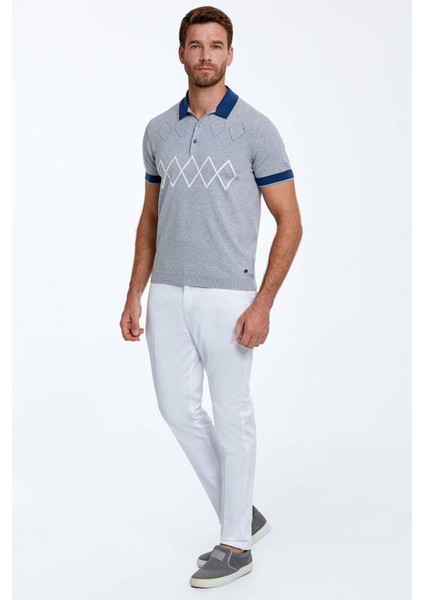 Baklava Desenli Saf Pamuk Açık Gri Triko Polo fırsatları