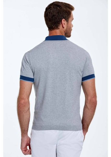 Baklava Desenli Saf Pamuk Açık Gri Triko Polo indirimleri