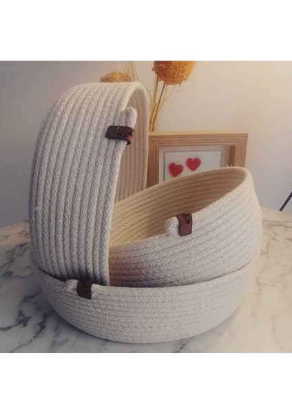Çok Amaçlı 3 Lü Sepet, Jüt Ip Örme Sepet, Dekoratif Sepet Set, Hasır Sepet Set, Pamuk Ip Kırık Beyaz