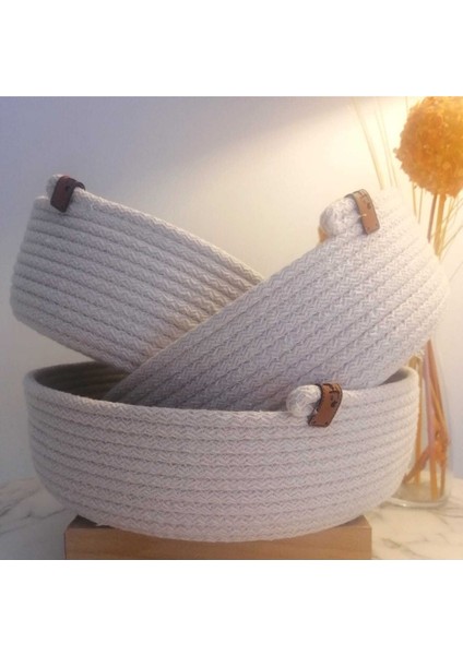 Çok Amaçlı 3 Lü Sepet, Jüt Ip Örme Sepet, Dekoratif Sepet Set, Hasır Sepet Set, Pamuk Ip Kırık Beyaz modelleri