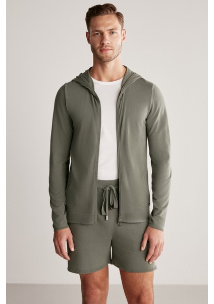 Slim Fit Haki Kapüşonlu Ince Hırka fırsatları