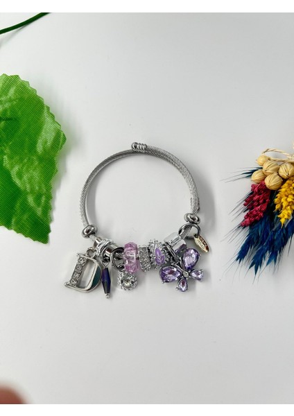Kadın Charm D Harfi & Kelebek Lila Taşlı Çelik Bileklik modelleri