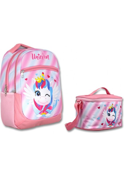 Cennec Pembe Sevimli Unicorn Ilkokul Sırt Çantası ve Beslenme Seti - Kız Çocuk