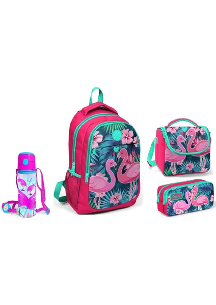 Flamingo Baskılı Beslenme Okul Çantası Kalemlik + Matara