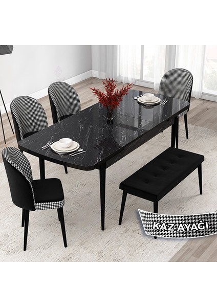 Concept Jul Serisi 80X132 Açılabilir Siyah Mermer Desen Mutfak Masa Takımı 4 Sandalye ve 1 Bench