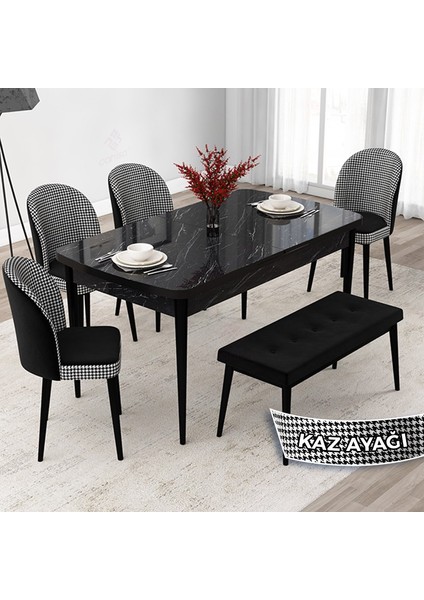 Concept Jul Serisi 80X132 Açılabilir Siyah Mermer Desen Mutfak Masa Takımı 4 Sandalye ve 1 Bench