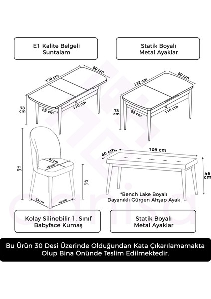 Concept Jul Serisi 80X132 Açılabilir Siyah Mermer Desen Mutfak Masa Takımı 4 Sandalye ve 1 Bench