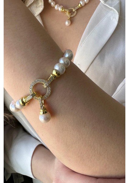 925 Ayar Gümüş Kadın Halka Kilitli Dorikalı Inci Bileklik