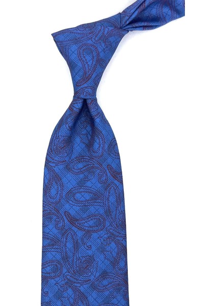 Mavi - Bordo Şal Desen Mendilli Klasik Kravat KK11801