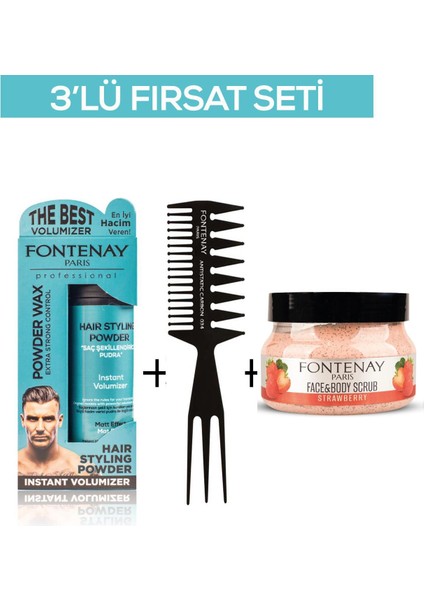 Pudra Toz Wax Mavi 20 gr + Şekil Tarağı 034 + Face And Body Scrub Çilekli 350 ml 3'lü Set