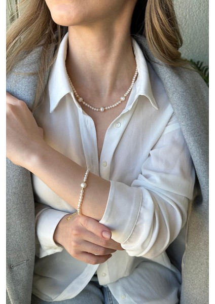 925 Ayar Gümüş Dorikalı 4 mm Inci Kadın Kolye Bileklik Ikili Set