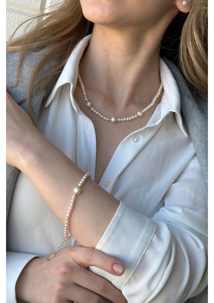 925 Ayar Gümüş Dorikalı 4 mm Inci Kadın Kolye Bileklik Ikili Set modelleri