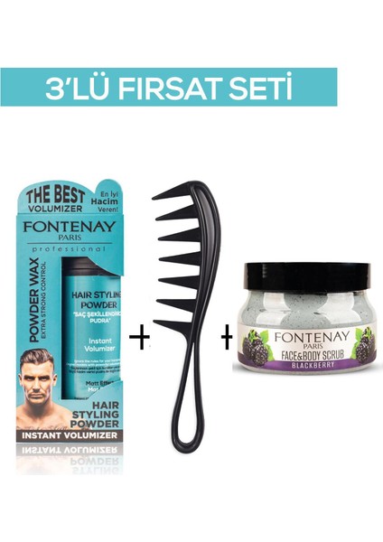 Pudra Toz Wax Mavi 20 gr + Şekil Tarağı 043 + Face And Body Scrub Böğürtlen 350 ml 3'lü Set