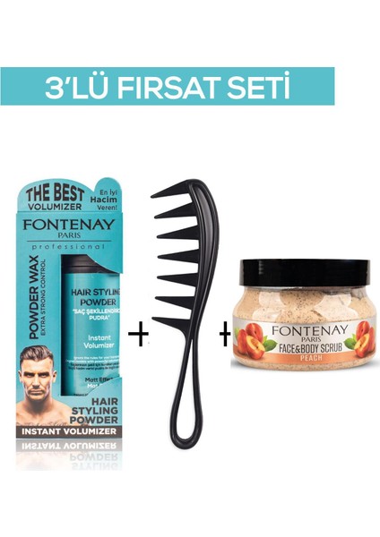 Pudra Toz Wax Mavi 20 gr + Şekil Tarağı 043 + Face And Body Scrub Şeftali 350 ml 3'lü Set