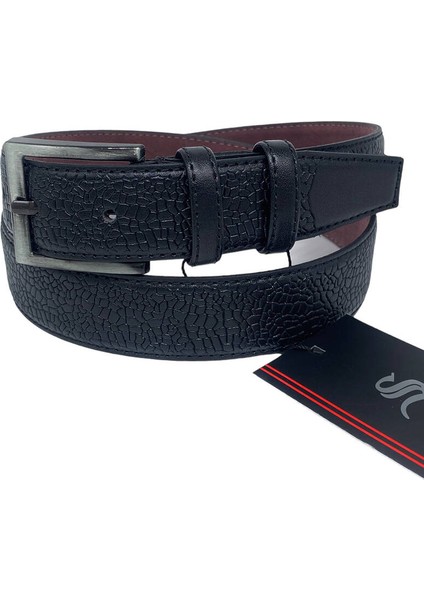 3 cm Klasik Suni Deri Damar Desenli Erkek Çocuk Kemeri Siyah